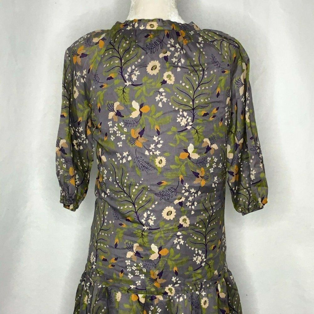 Gap Floral Shift Dress S Grey 3/4 Sleeves Tie Keyhole Neck Lined Tiered Ruffle - Picture 6 of 8